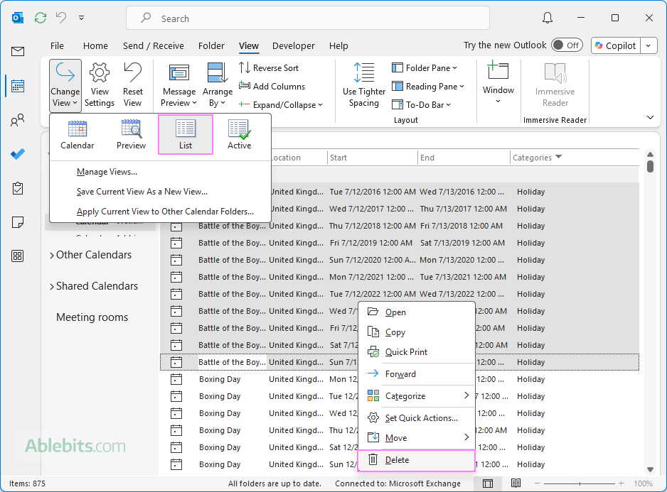 Remove holiday events in Outlook 365 &ndash; 2016.