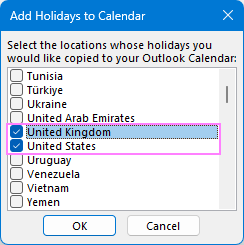 Select the countries whose holidays you want to add to Outlook.