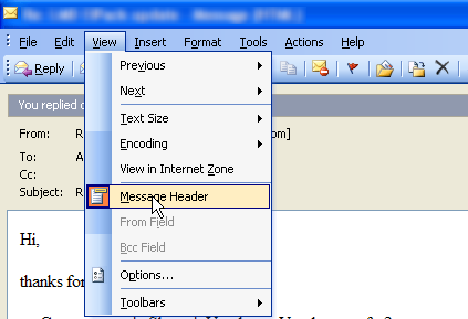view e-mail headers in Outlook 2003