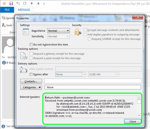 View email headers in Outlook 2013.