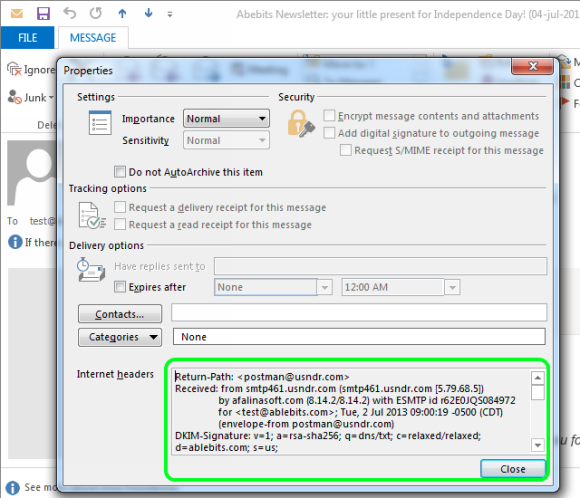 как найти заголовок содержимого в Outlook 2007