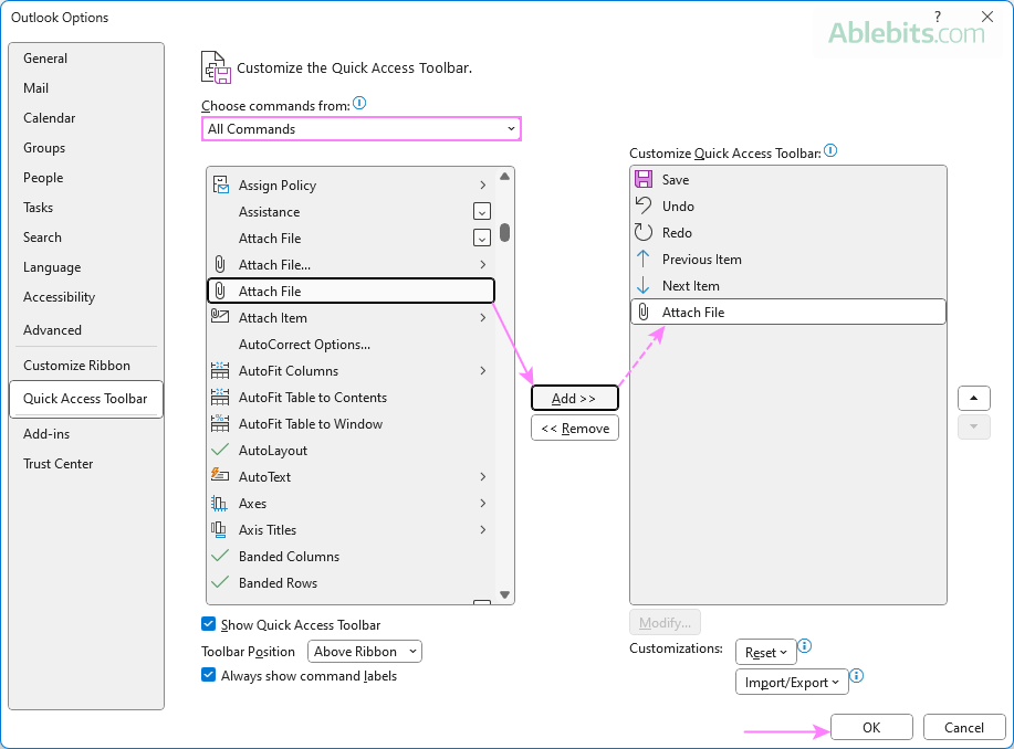 Add the Attach File button to the Outlook Quick Access Toolbar.