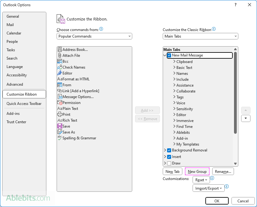 Add a custom group to the Outlook ribbon.