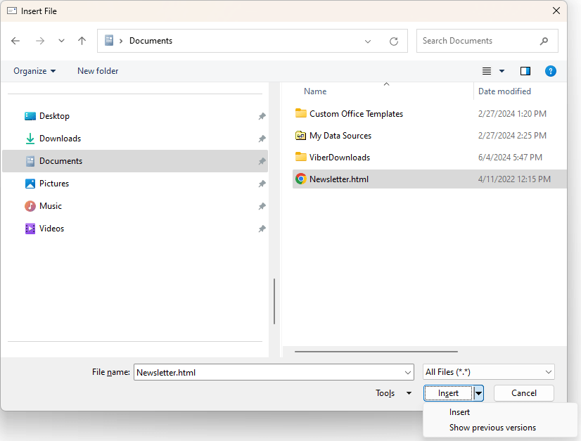 The option to insert html as text is missing in modern versions of Outlook.