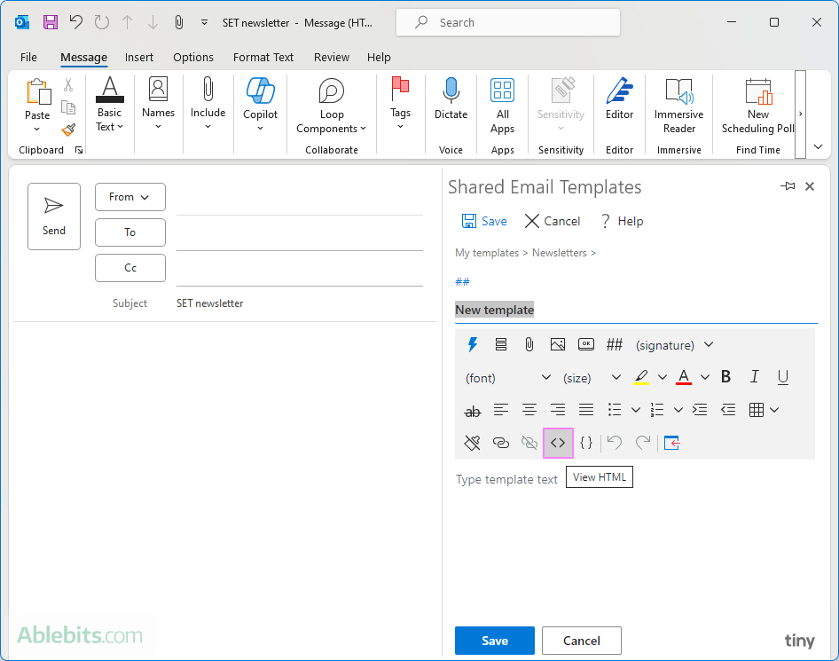 Access the HTML Editor in Outlook.