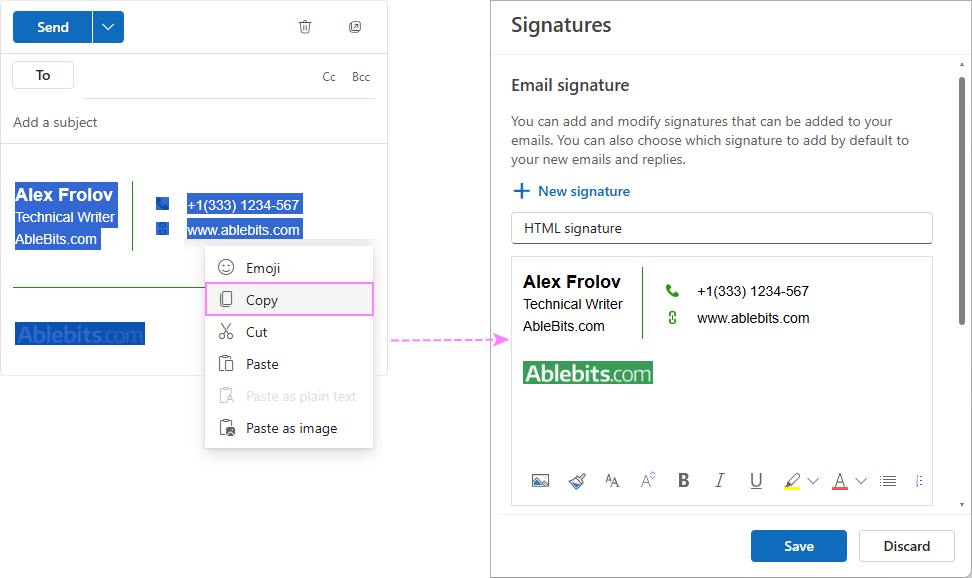 Insert an HTML signature in the new Outlook.