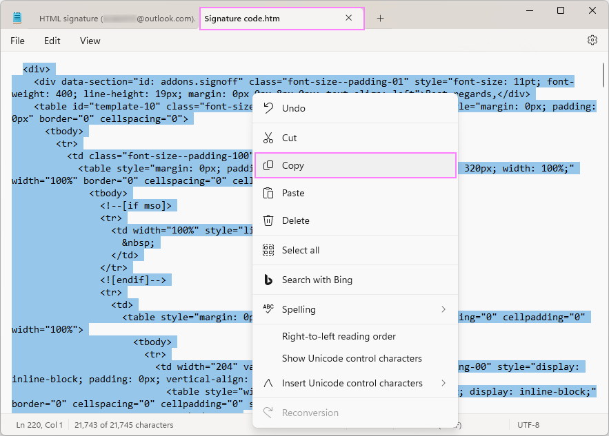 Copy the HTML code of your signature.