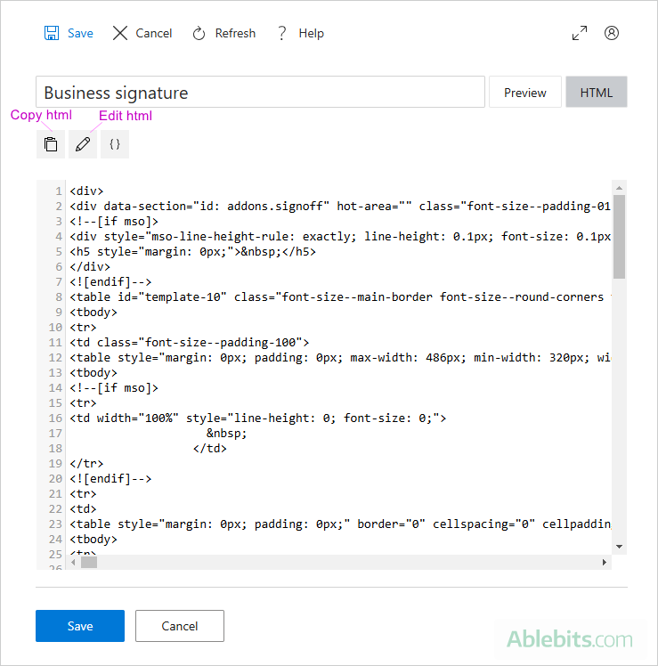 Copy or edit the HTML code of the Outlook signature.