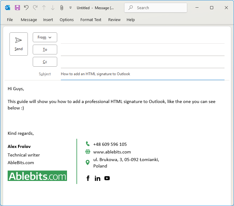 Test the HTML email signature in Outlook.