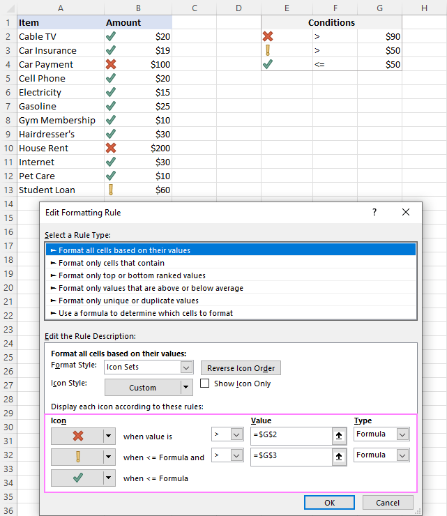 Define the icon set conditions based on another cell.