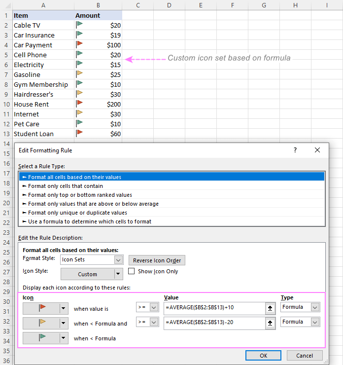 Create a conditional formatting icon set using a formula.