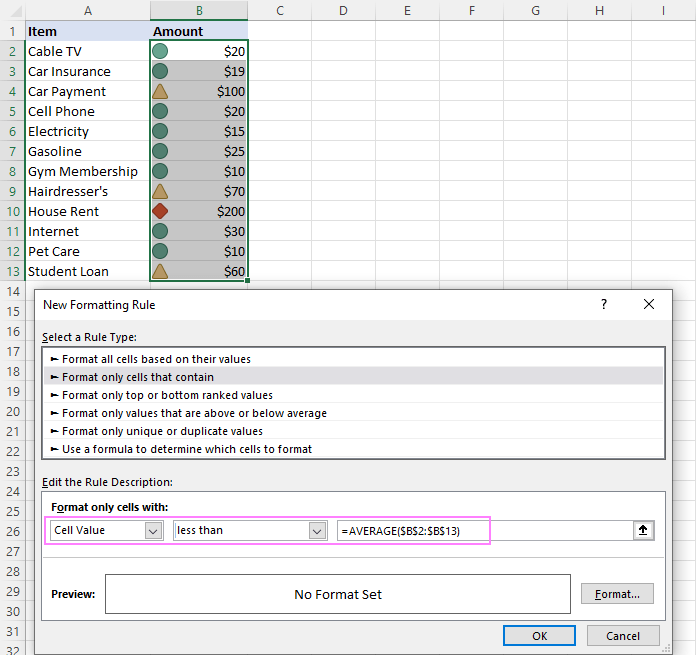 Create a conditinal formatting rule with no format set for values less than average.
