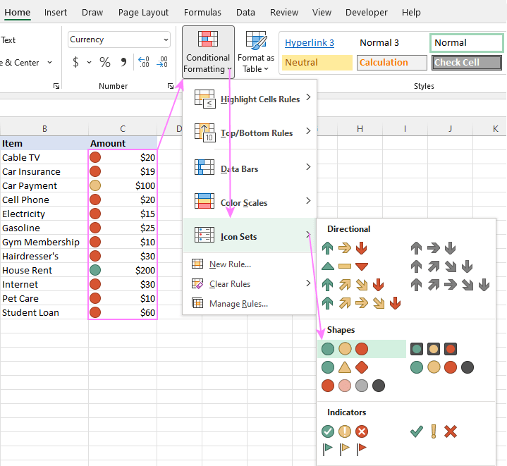 Excel Icon Sets conditional formatting: inbuilt and custom