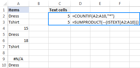 Formulas to count cells containing any text