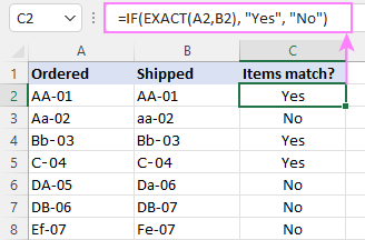 Case-sensitive formula to see if two cells match