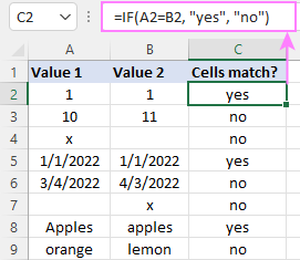 If two cells match, return some value