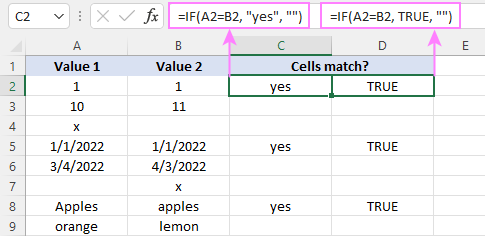 If two cells match, return Yes or TRUE
