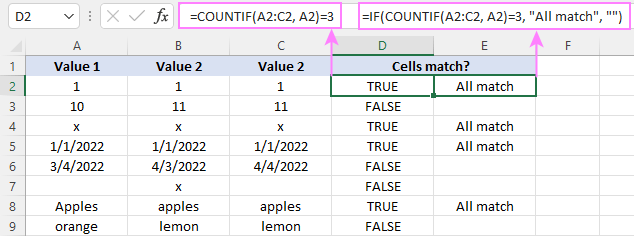 Excel if match formula: check if two or more cells are equal