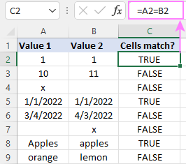 If two cells equal, return TRUE