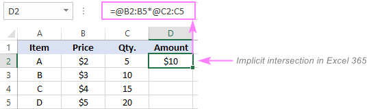 Toán tử giao nhau ngầm trong Excel 365