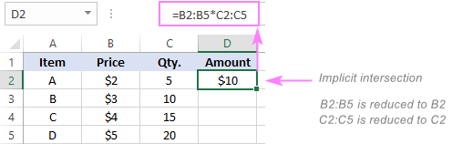 Implicit intersection use of sign in Excel formulas