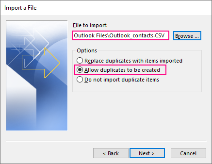 Choose how to handle duplicate contact items.