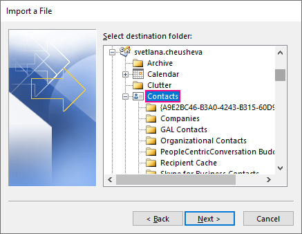 Choose the folder into which to import contacts.