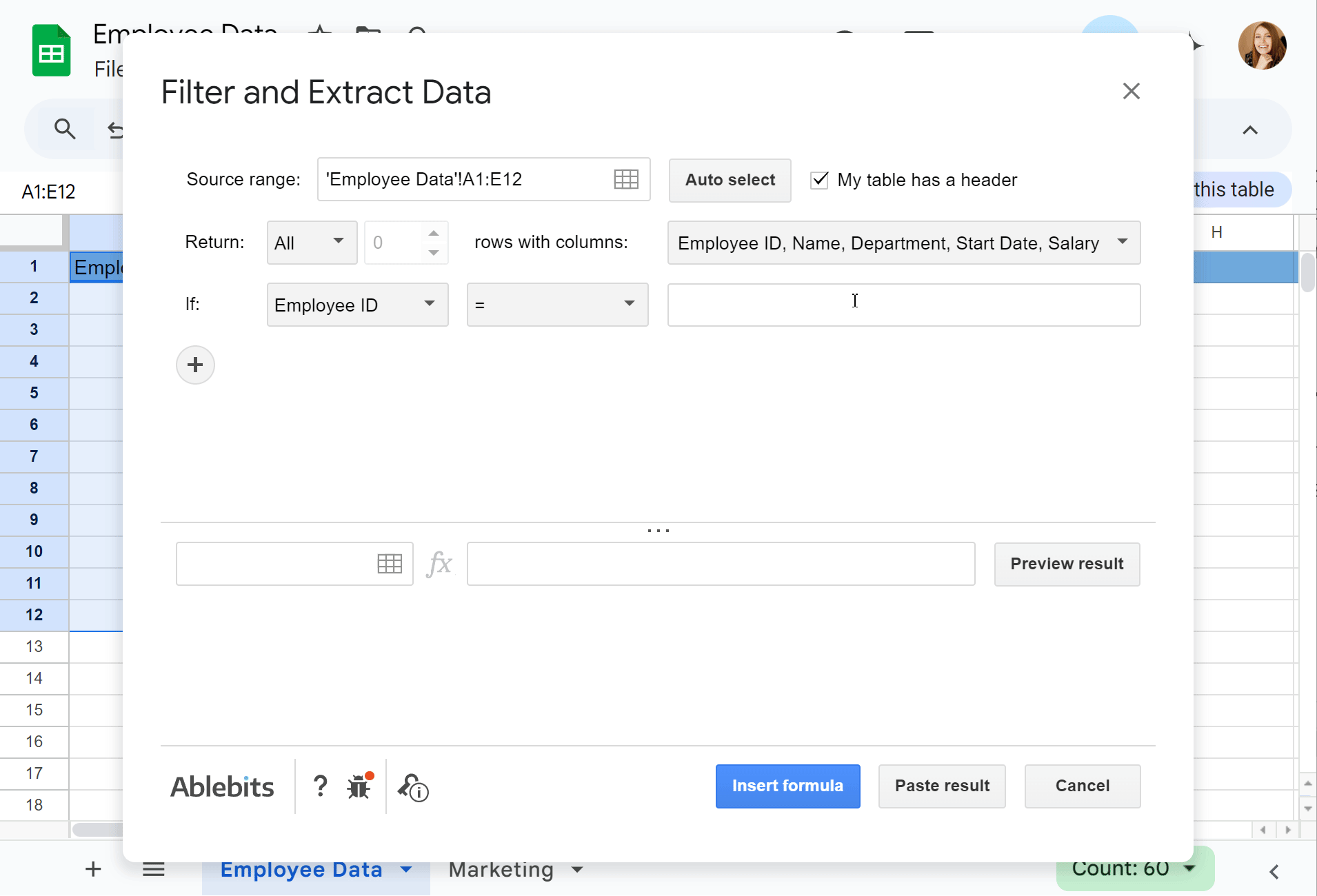The Filter and Extract Data add-on in action