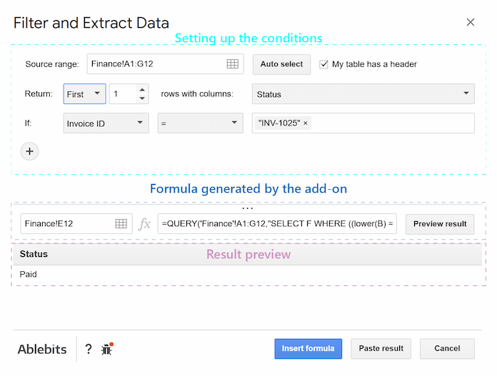 The Filter and Extract Data is finding specific data in an external spreadsheet.