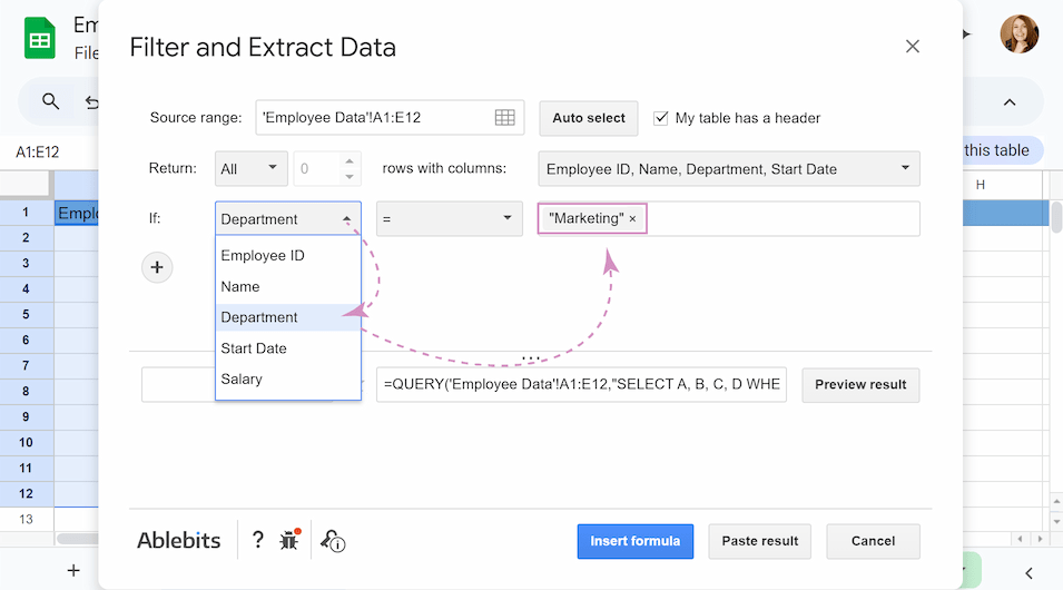 Find your department in the dropdown