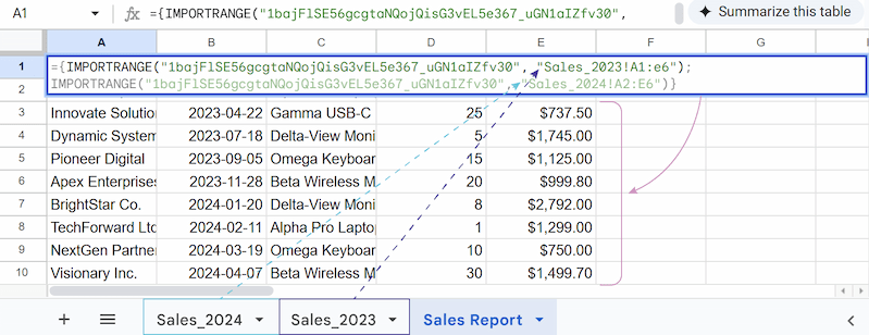 Example of the IMPORTRANGE formula with array to import data from multiple sheets within one spreadsheet.