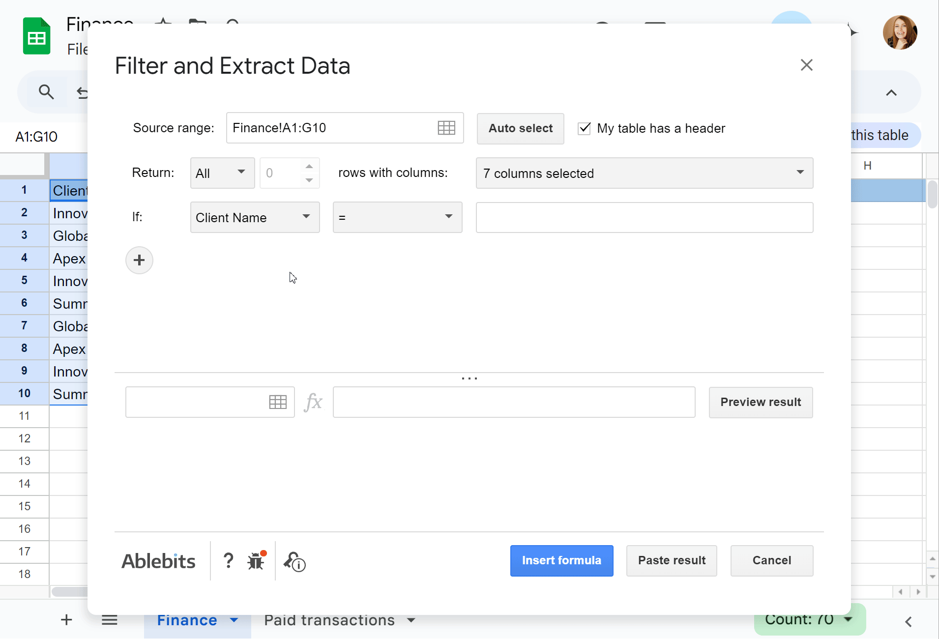 One-click filtered data