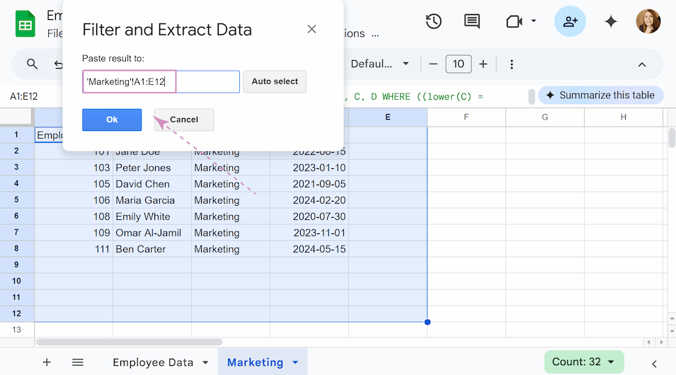Select where to display the filtered data