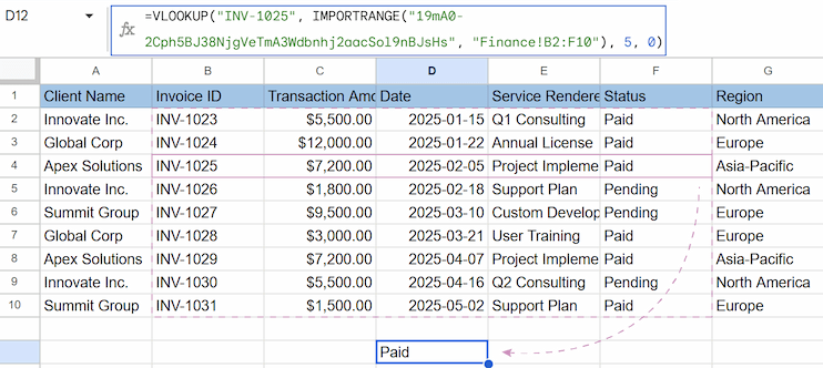 Example of the IMPORTRANGE formula with VLOOKUP to pull matching values from another Google Sheet.