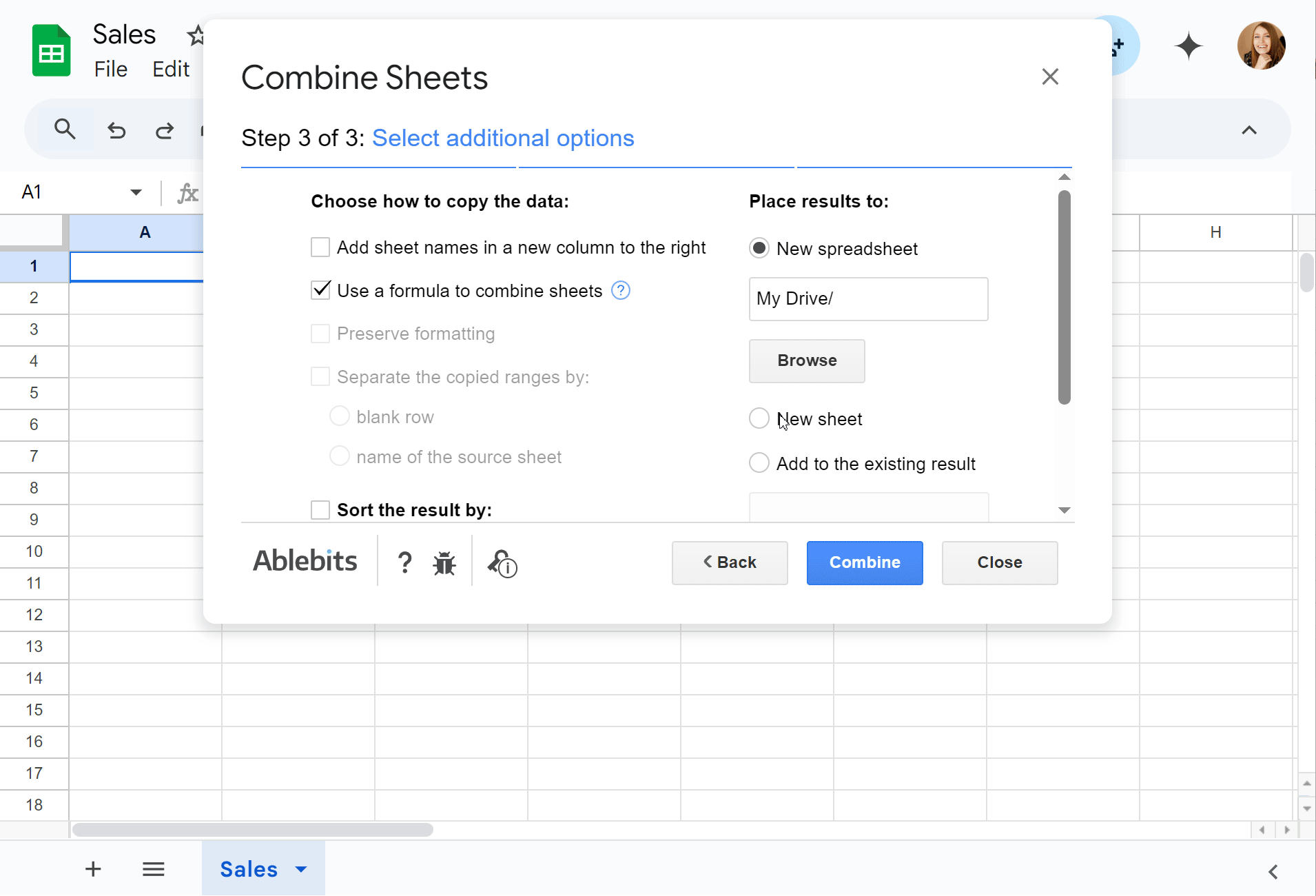 Select where to paste the results, then allow access for the add-on