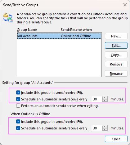 Schedule automatic send/receive in Outlook.