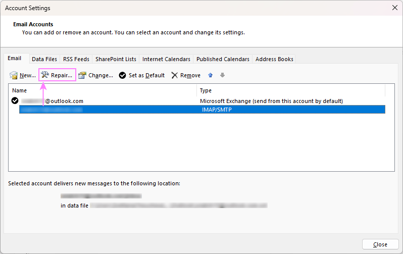 Repair email account in Outlook.