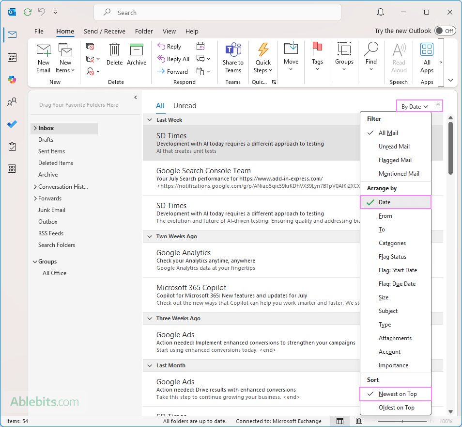 Sort Outlook emails by date with the newest on top.