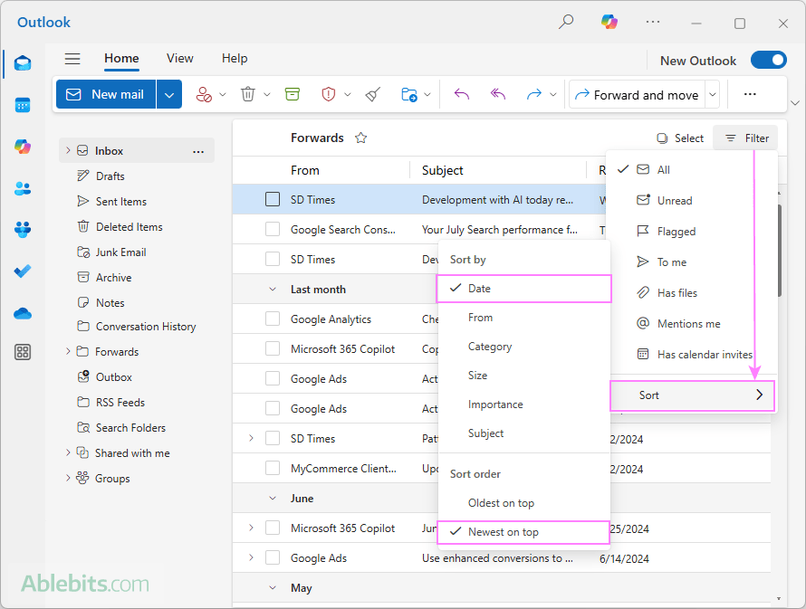 Set the sort order Newest on top in the new Outlook.