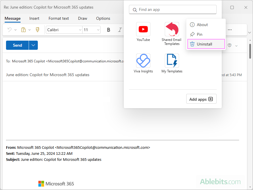 Uninstall an app / addon in the new Outlook.