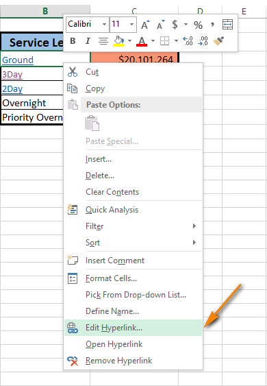  Right-click and choose Edit Hyperlink to open the Edit Hyperlink dialog box