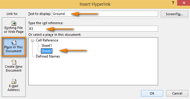 Choose the worksheet and enter the cell address to add a hyperlink