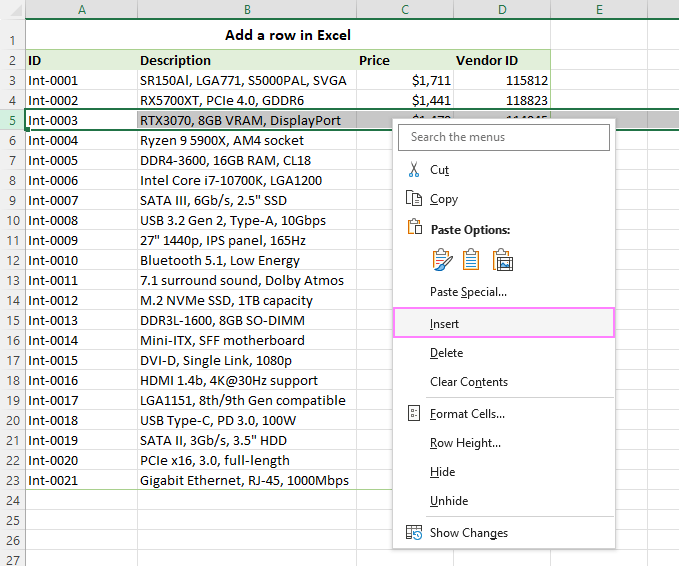 Add a single row in Excel.