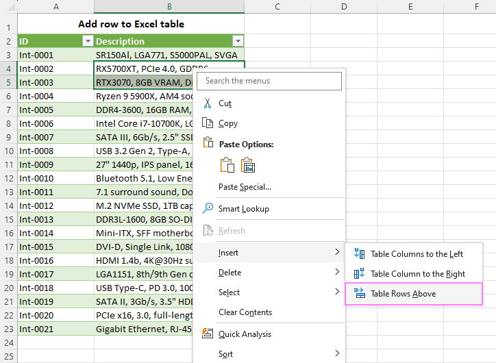 Add a row to an Excel table.