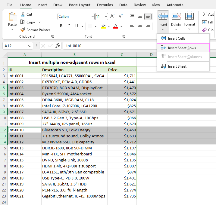 Add new rows in Excel using the ribbon.