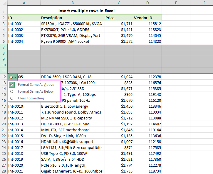 Formatting options for inserted rows.