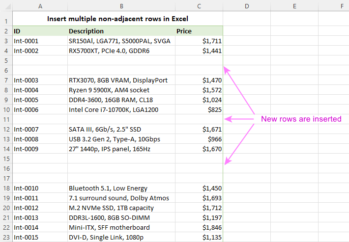 Insert multiple rows between data in Excel.