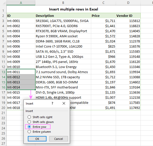 Another way to insert multiple rows between data in Excel.