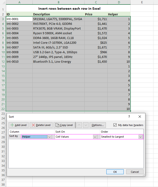 Sort the data set by the helper column.