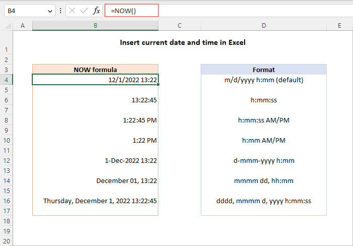 Insert current date and time in Excel in the desired format.